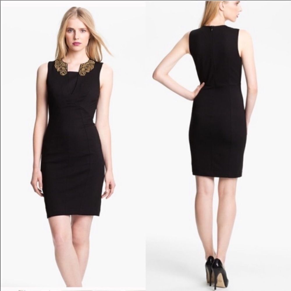 Ted Baker Edella Embellished Collar Sheath Dress Mini Black Gold‎ M